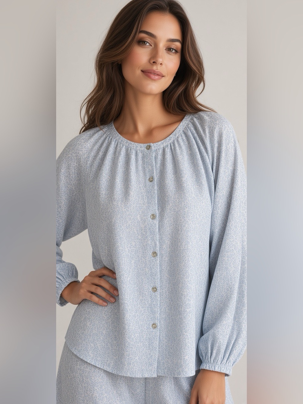 Laura Ashley Light Blue Micro Floral Button-Front Linen Top XS